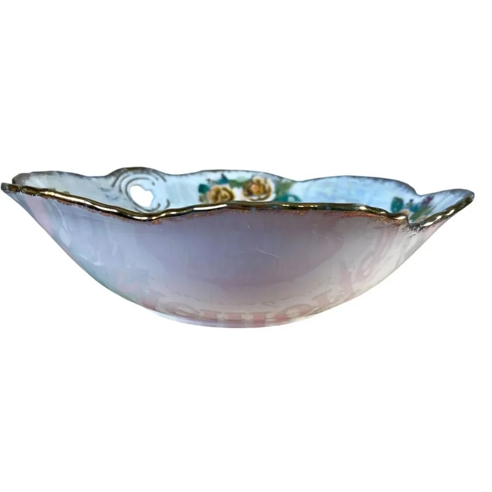 Japanese Vtg Serving Bowl Trimont Japan Lusterware Scalloped Rim Rose Pattern
